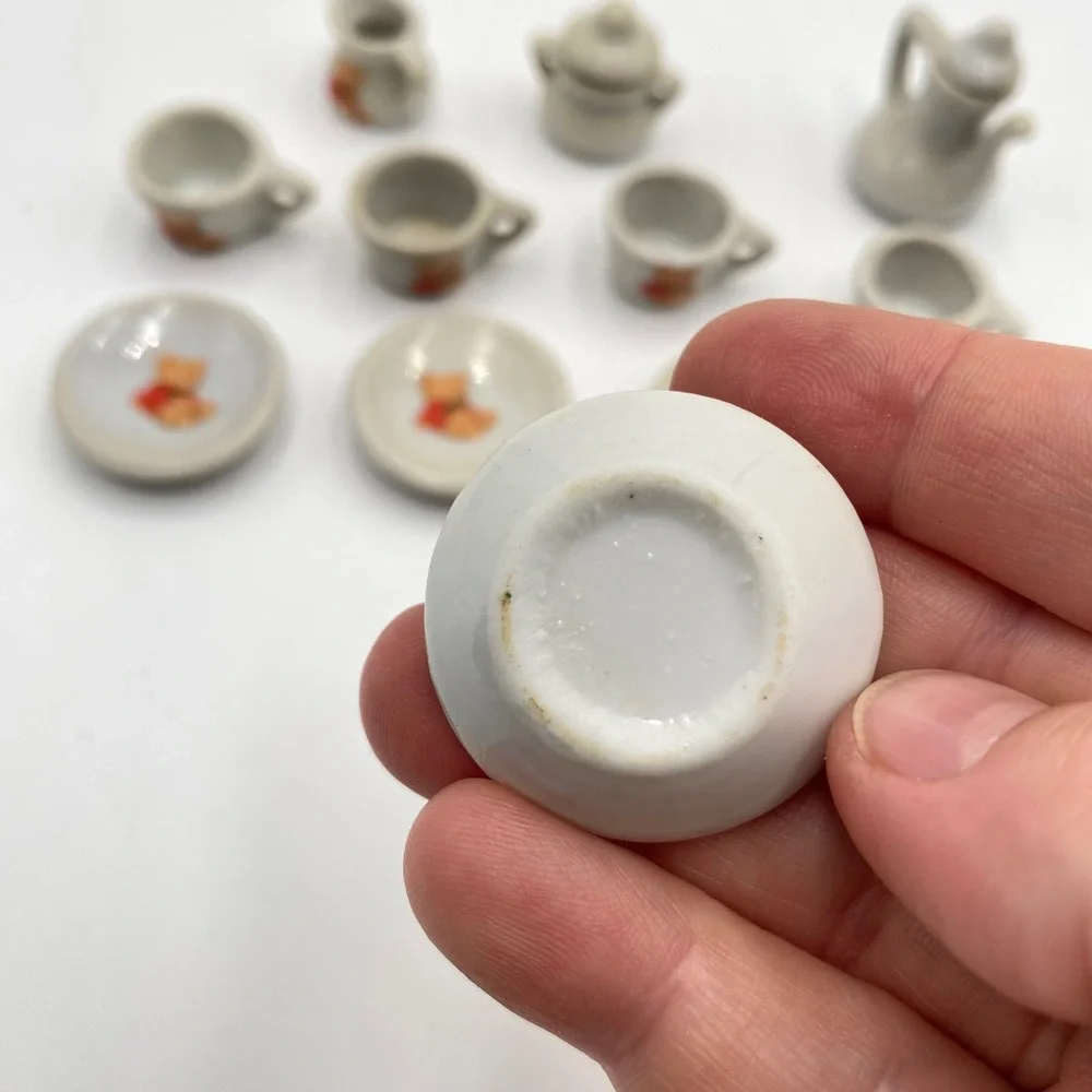 Vintage Miniature Ceramic Teddy Bear Tea Set 11 Piece Dollhouse Accessory White